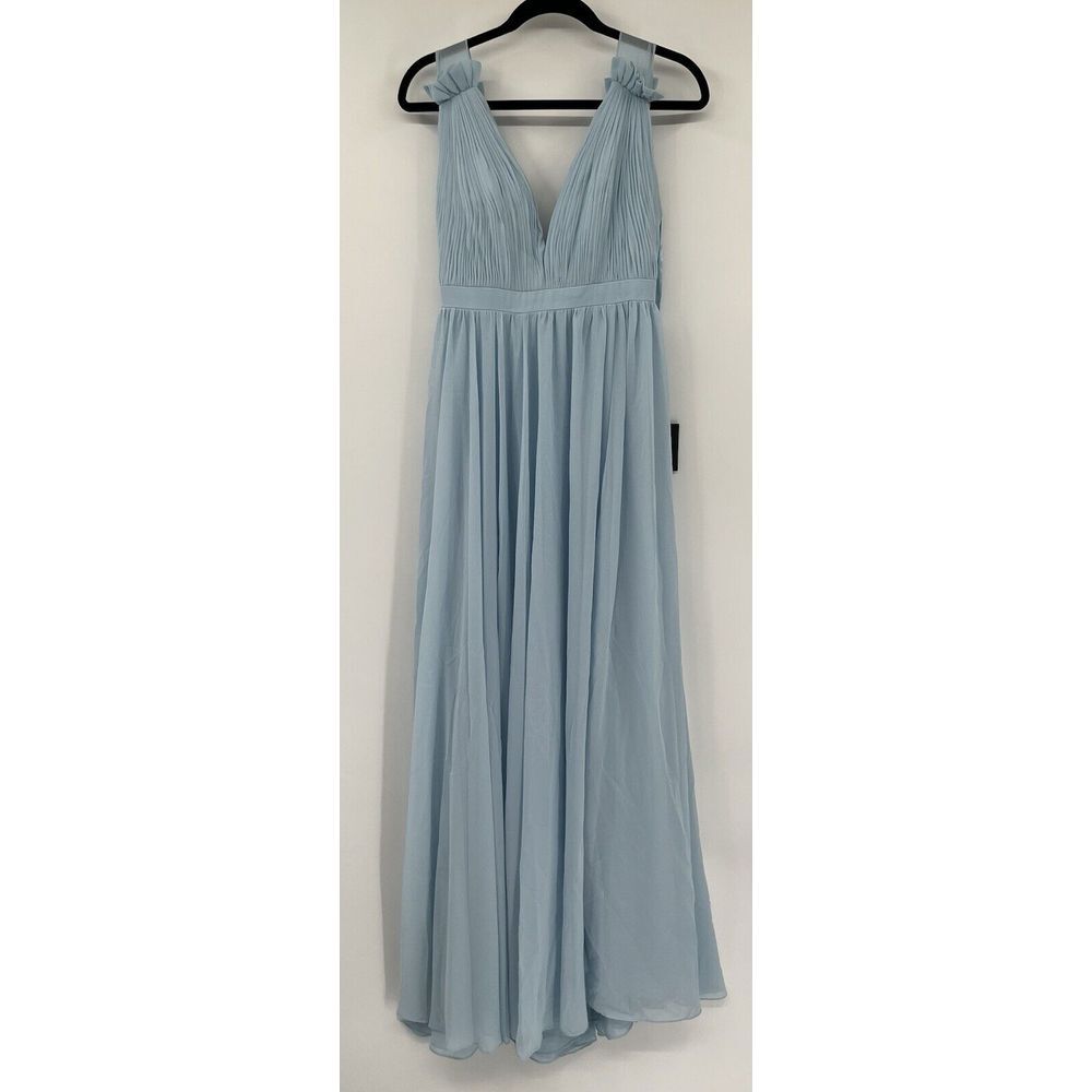 NWT Ieena‎ Mac Duggal 55321 Powder Blue Pleated Chiffon Sleeveless V-Neck Gown